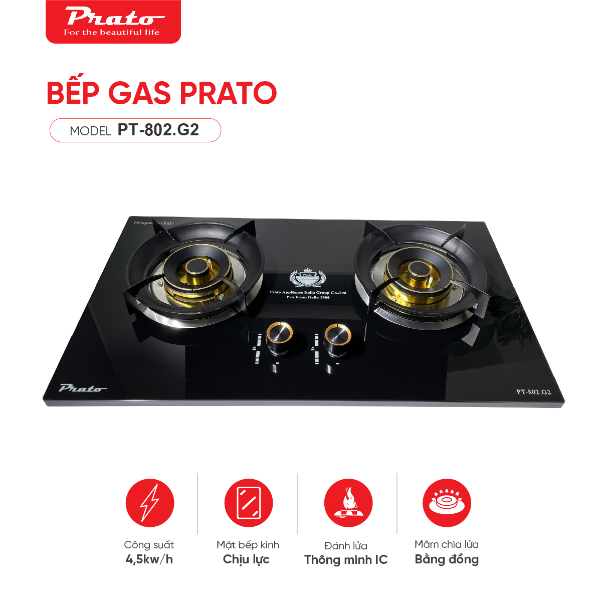 Bếp Gas âm Prato Model: PT-802.G2